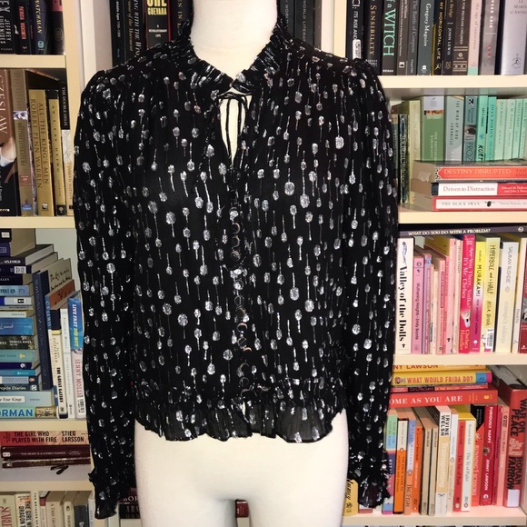 The Kooples Black Silver Smart Shirt with Puffed Sleeves and Polka Dot - Picture 4 of 12